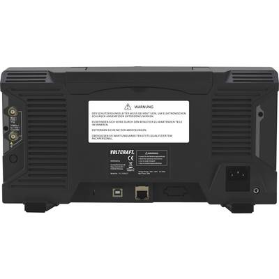 Rückseite eines Voltcraft Elektronikgeräts mit Warnhinweisen, Anschlüssen und Lüftungsschlitzen.