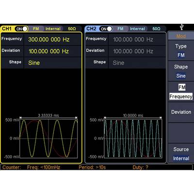 Oszilloskop-Bild mit zwei Kanälen: CH1 zeigt eine Sinuswelle bei 300.000 Hz, CH2 zeigt eine Sinuswelle bei 100.000 Hz. Frequenz und Form variieren.