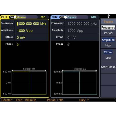 Zwei Kanäle eines Oszilloskops. Links: CH1 zeigt eine Frequenz von 1.000.000.000 kHz, Amplitude 1.000 Vpp. Rechts: CH2 mit gleichen Werten. Darunter sind Diagramme zu sehen.