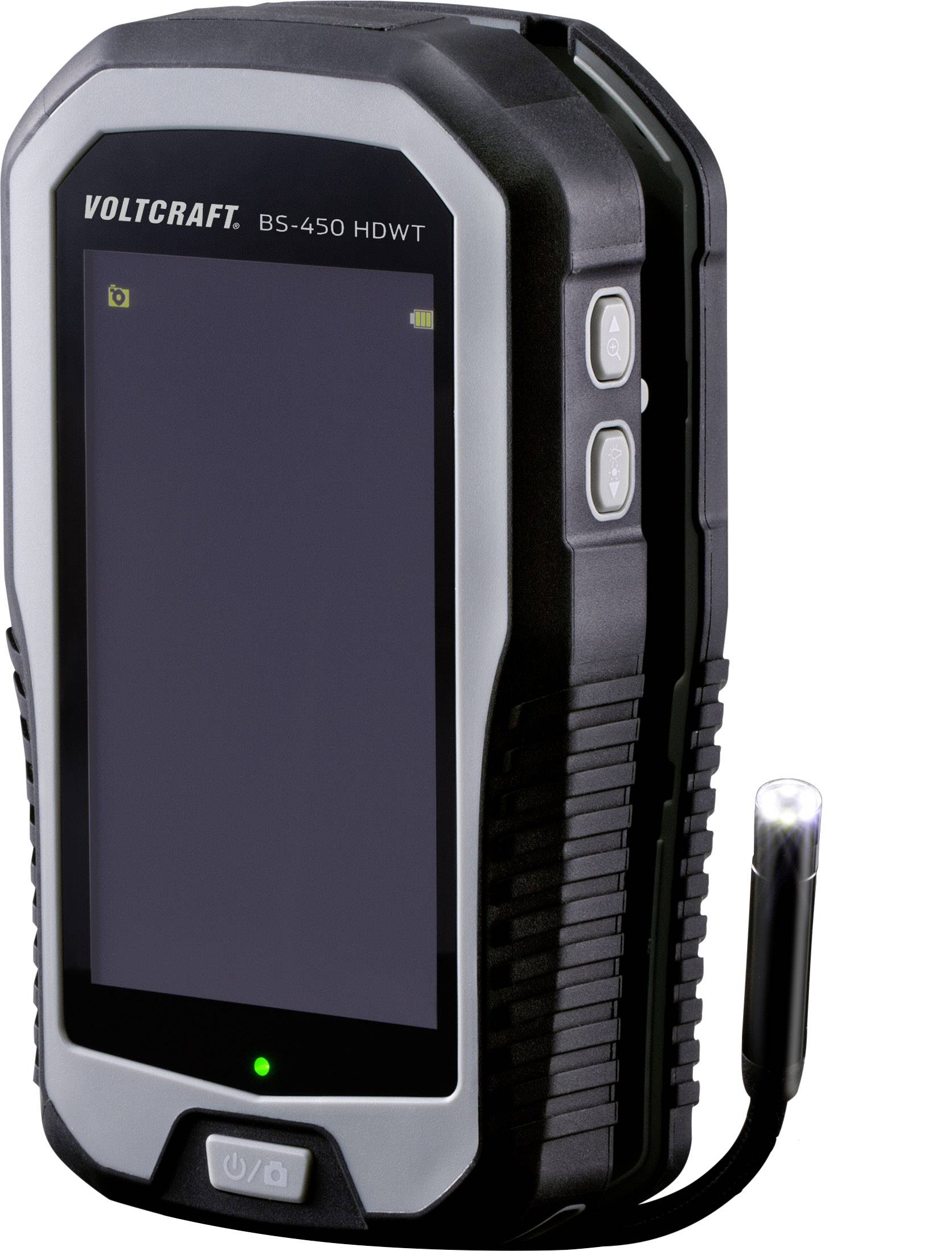 Handheld-Gerät von Voltcraft mit Bildschirm, beleuchtetem Endoskop-Kabel und Steuerungsknöpfen an der Seite.