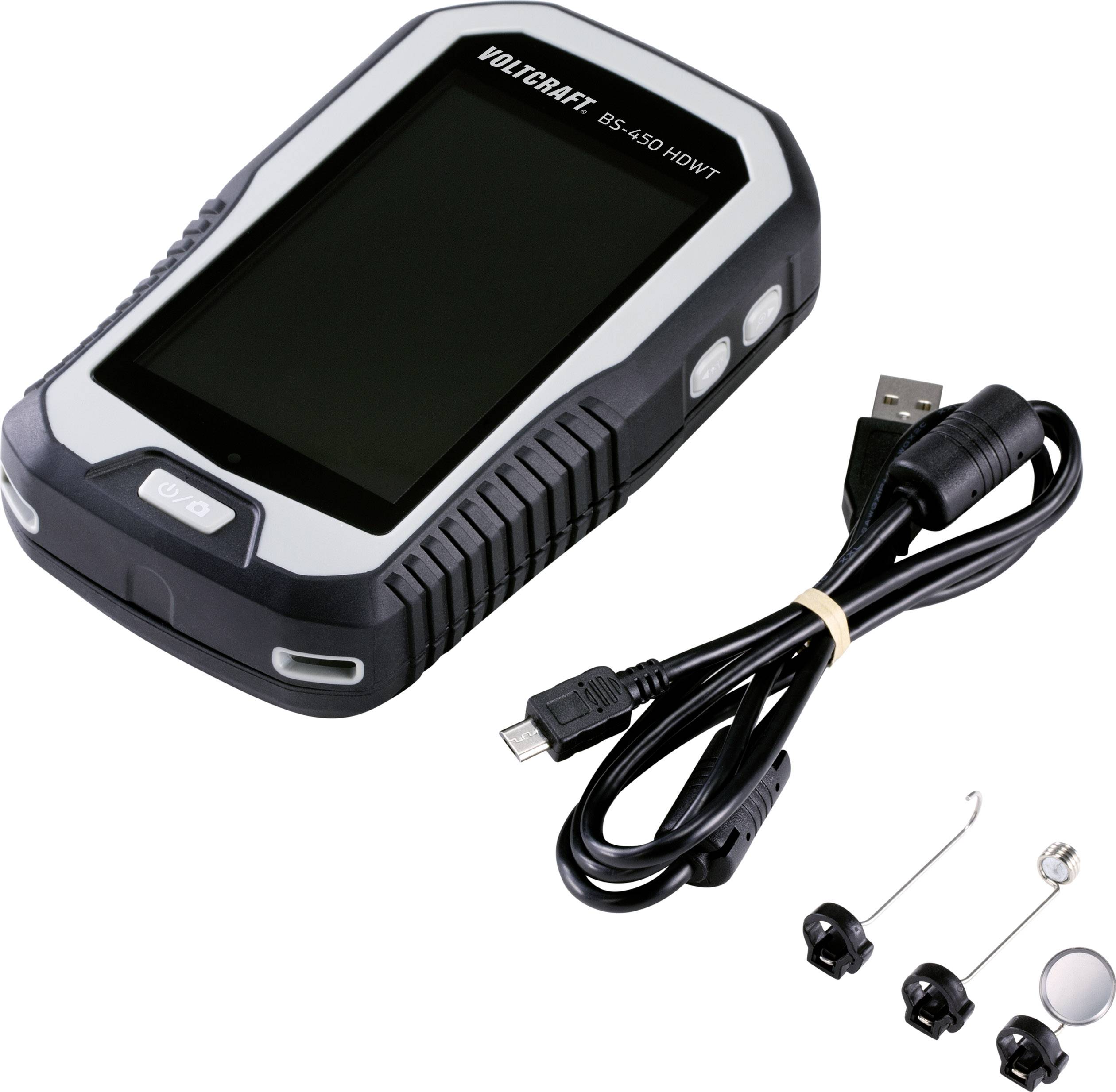 Ein digitales Multimeter mit USB-Kabel und Zubehör zur Messung von Spannung und Stromstärke, auf weißem Hintergrund.