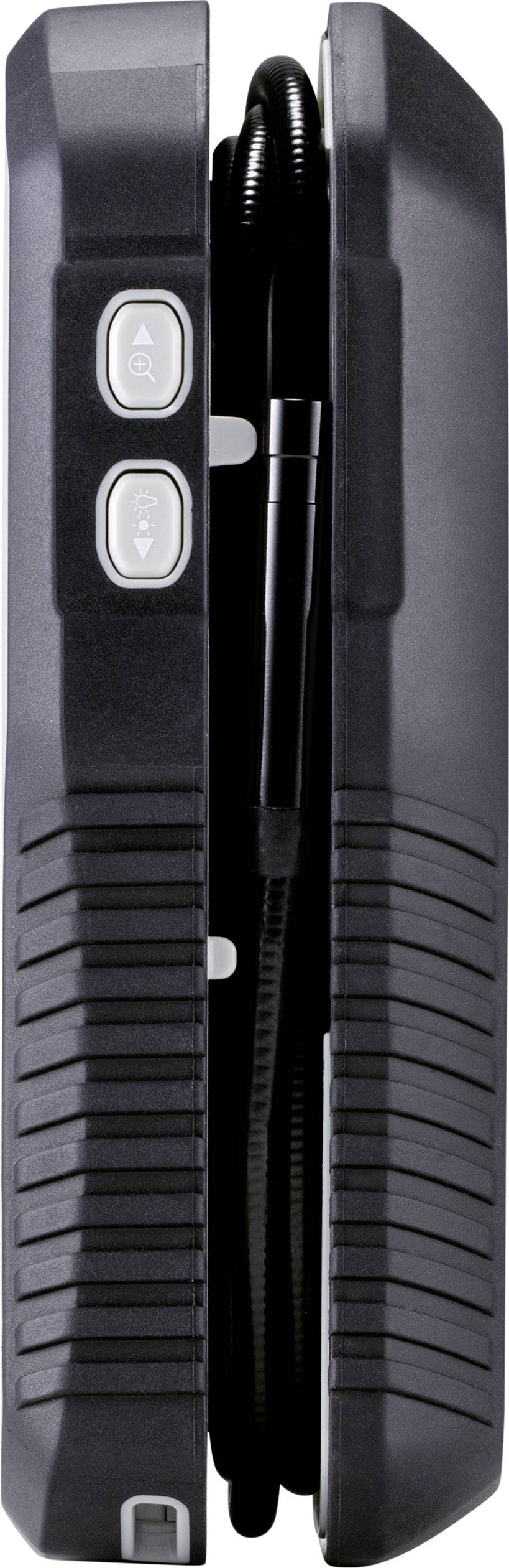 Ein schwarzes, handgehaltenes Gerät mit zwei Tasten und einem Kabel in der Mitte, möglicherweise ein tragbarer Luftpumpenkompressor.