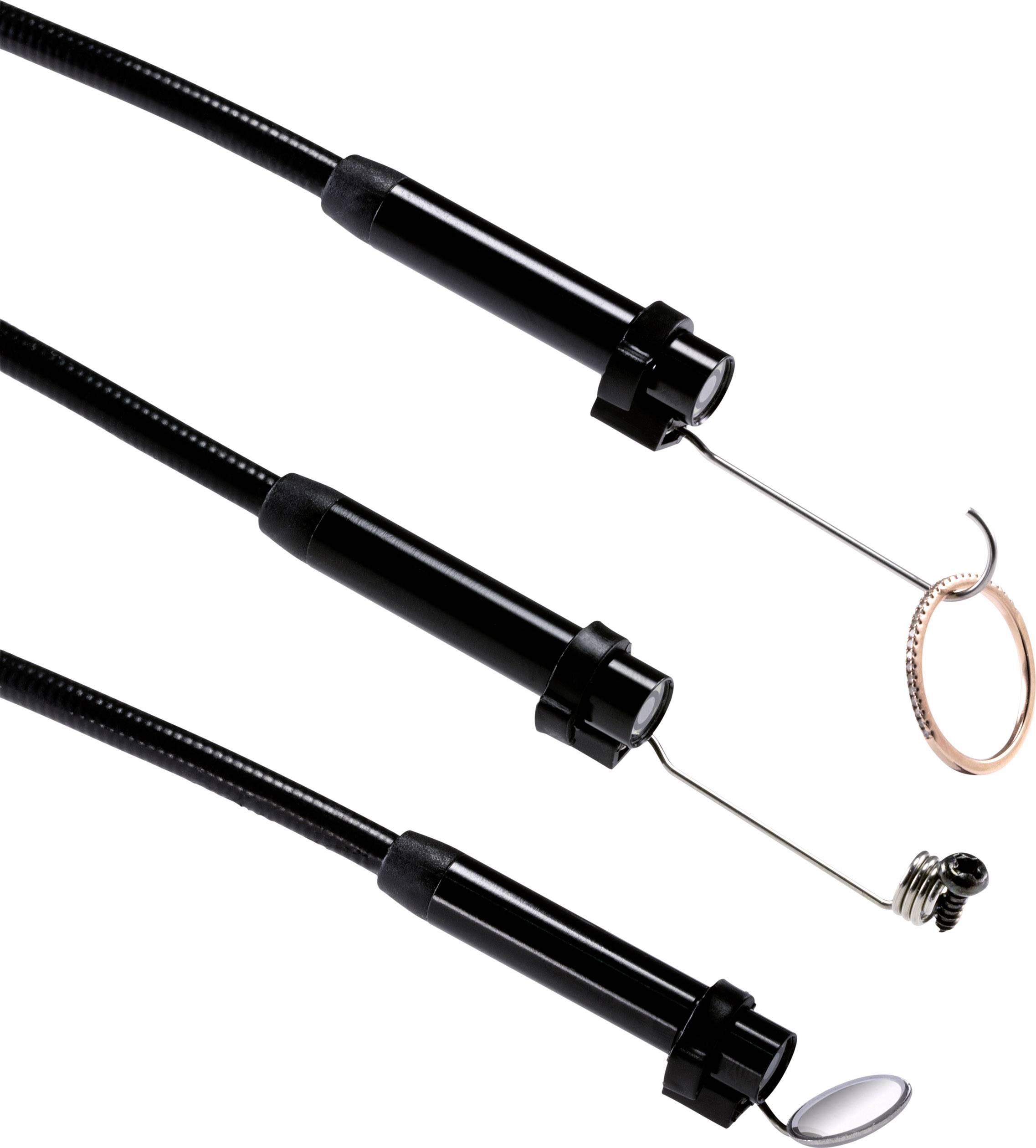 Drei schwarze flexible Endoskope mit verschiedenen Spitzen: eine Spiegelfläche, ein Greifer und ein Haken, alle an dünnen Schläuchen befestigt.