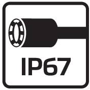 Ein Steckverbinder-Symbol mit der Beschriftung 'IP67', das auf eine hohe Staub- und Wasserbeständigkeit hinweist.