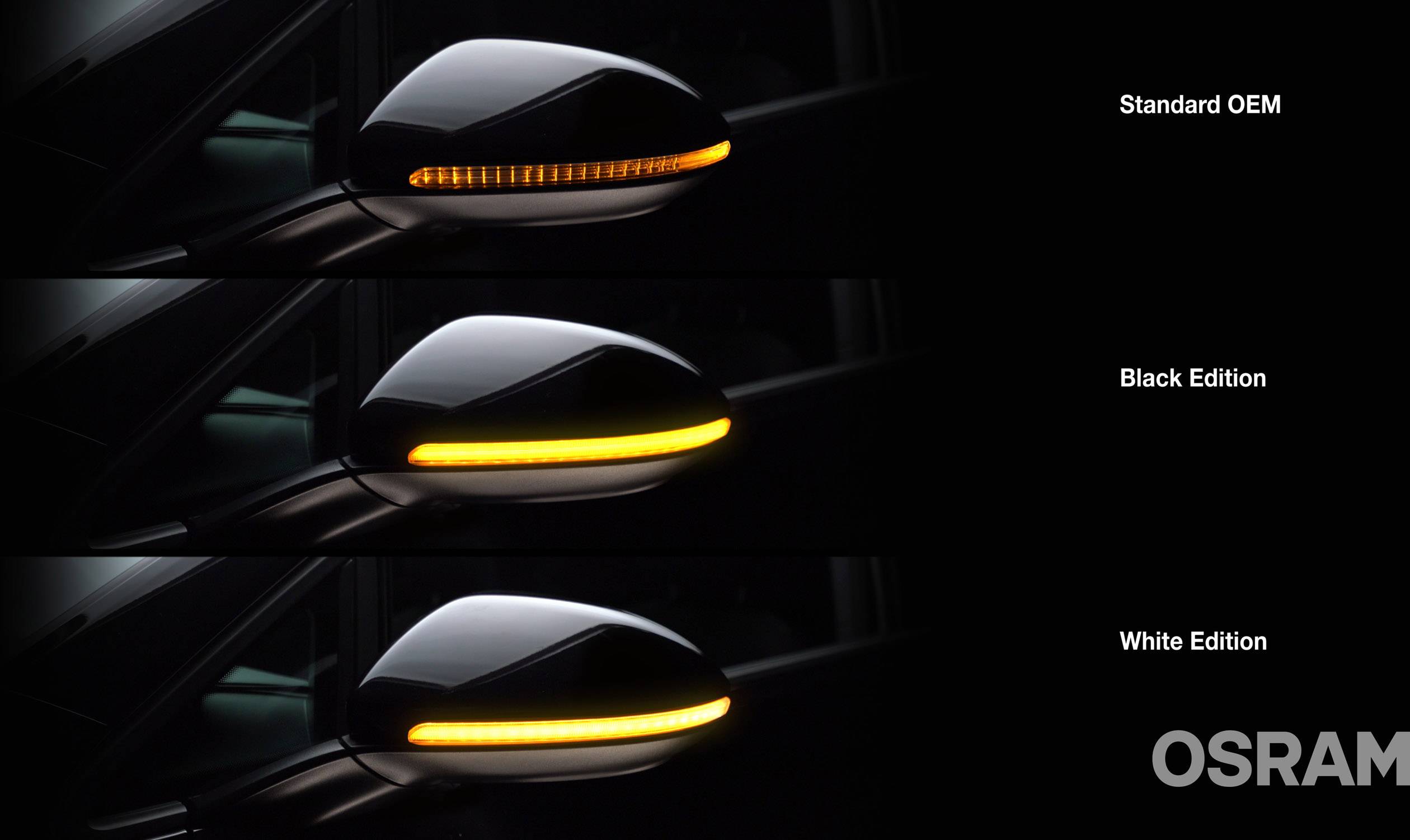 Rückspiegel mit Blinker in drei Ausführungen: 'Standard OEM', 'Black Edition', 'White Edition'. Unterscheidung durch Gehäusefarbe.