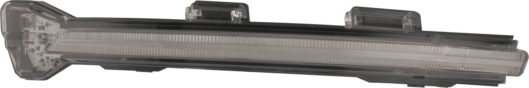 Langer, klarer Blinker, möglicherweise von einem Auto, mit mehreren Befestigungspunkten und einem aerodynamischen Design.