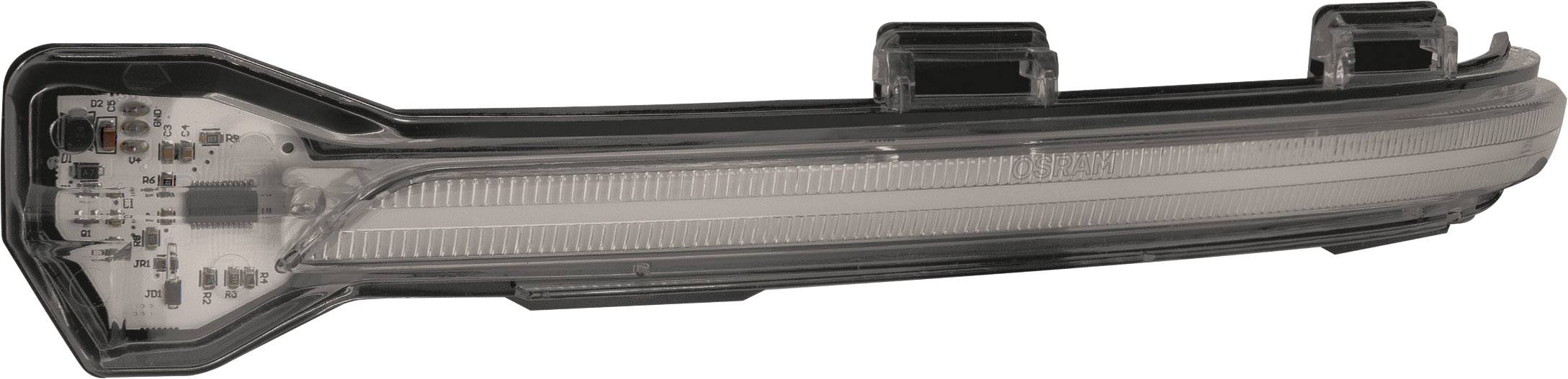 Langer, transparenter LED-Scheinwerfer für Fahrzeuge, zeigt interne Komponenten und zwei Montagehalterungen.