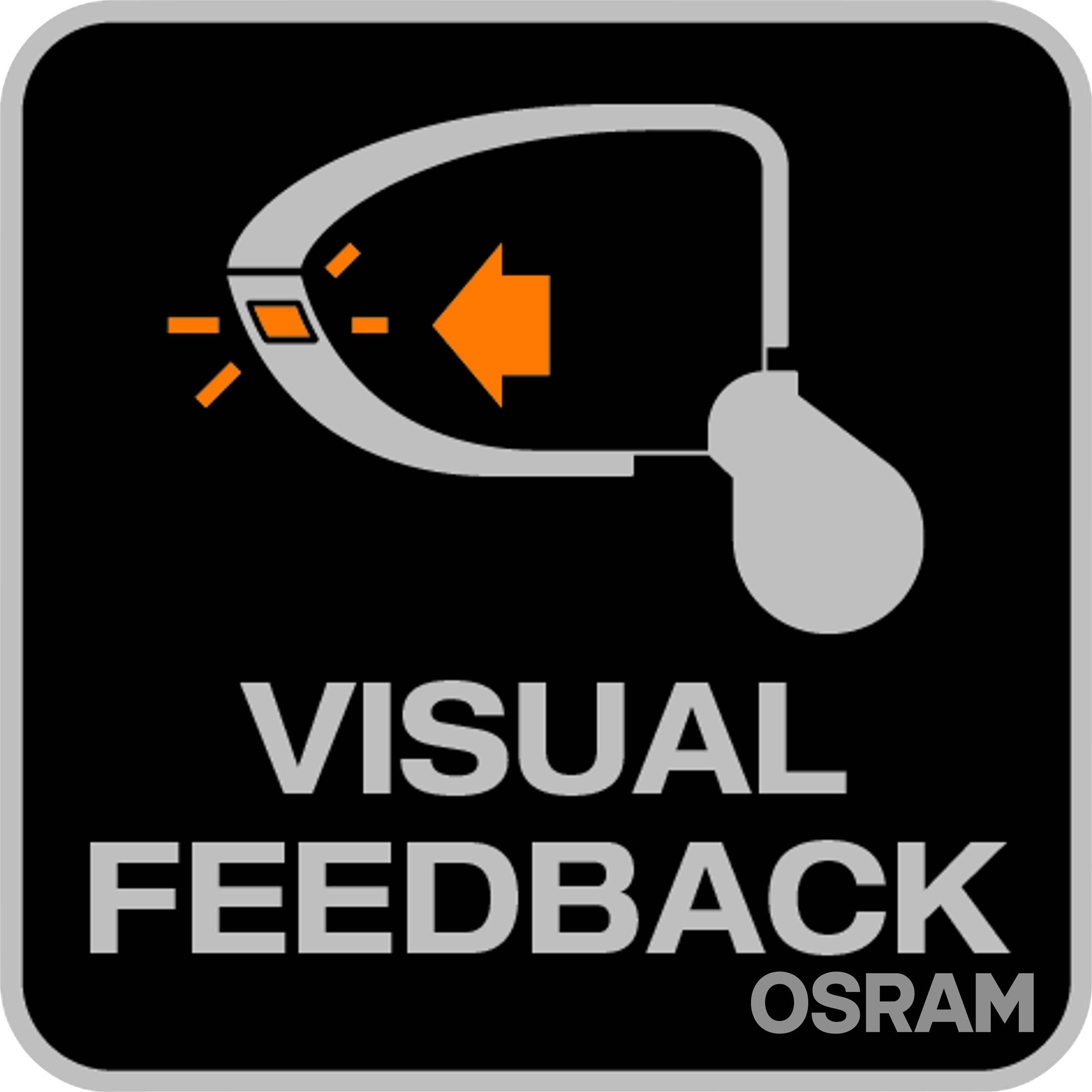 Schwarzes Quadrat mit stilisiertem Scheinwerfer und orangefarbenem Pfeil in der Mitte. Text darunter: 'VISUAL FEEDBACK'.