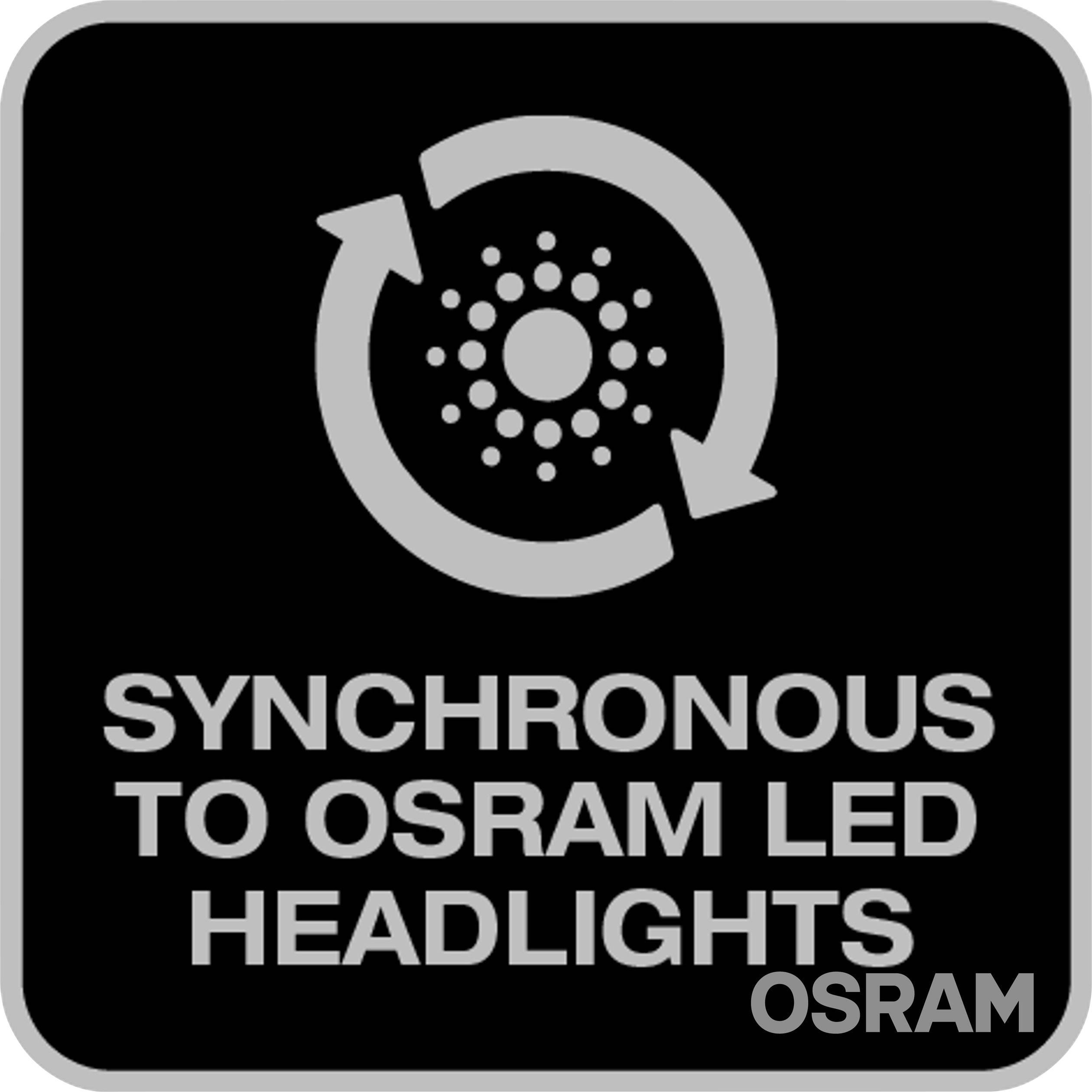Das Bild zeigt ein Symbol mit Pfeilen und Punkten, das Synchronität darstellt. Darunter steht der Text 'Synchronous to OSRAM LED Headlights'.