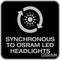 Das Bild zeigt ein Symbol mit Pfeilen und Punkten, das Synchronität darstellt. Darunter steht der Text 'Synchronous to OSRAM LED Headlights'.