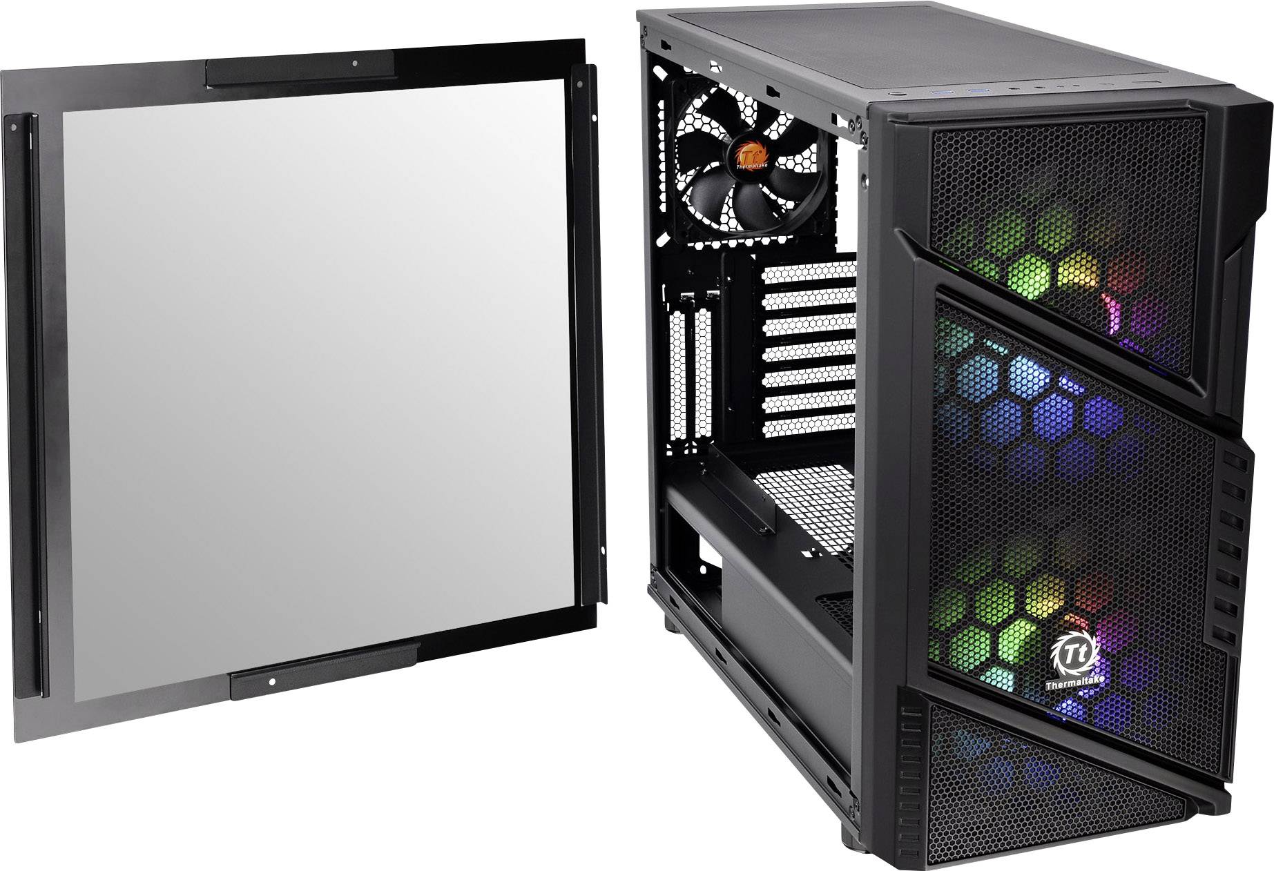 Ein offenes Computergehäuse mit sichtbaren Lüftern und RGB-Beleuchtung. Die Seitenabdeckung ist abgenommen und daneben platziert.