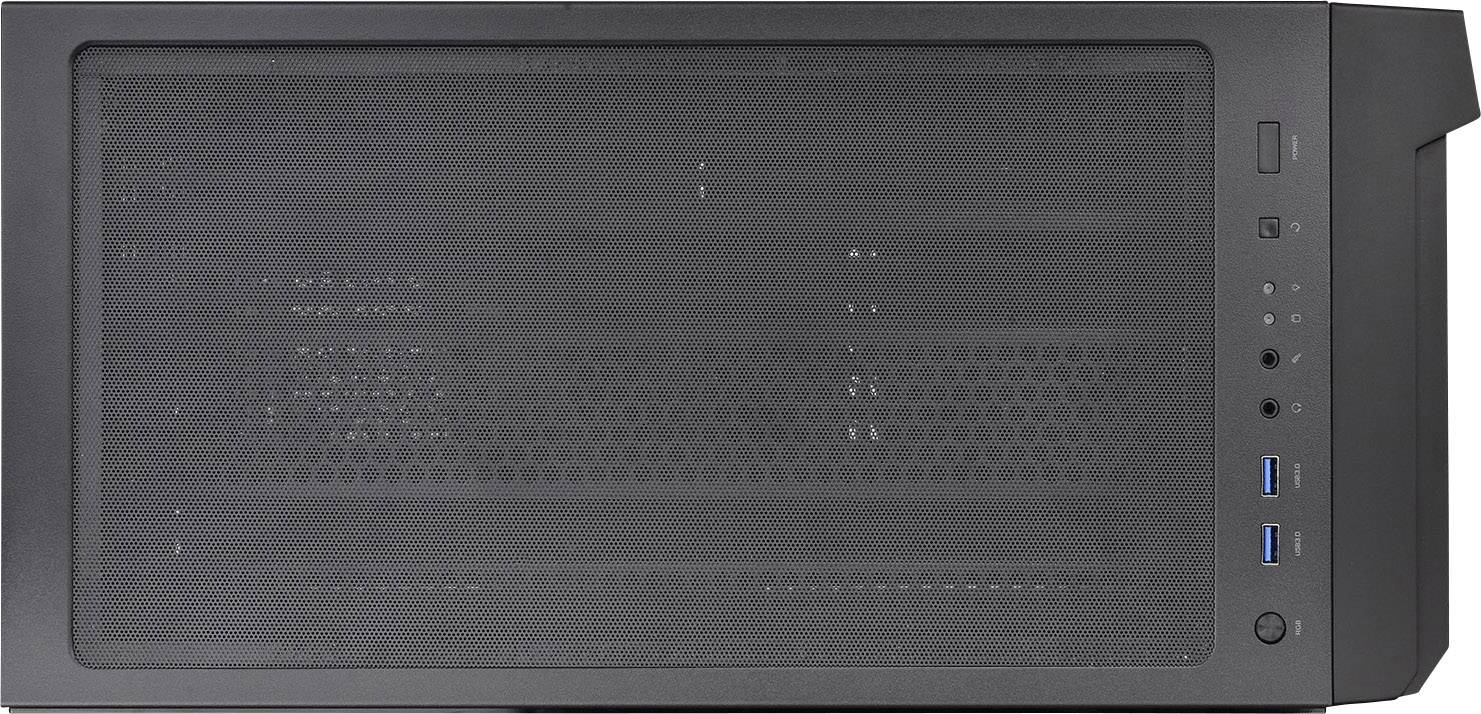 Computergehäuse in Schwarz mit sichtbarem Belüftungsgitter auf der Oberseite, mehreren USB-Anschlüssen und Audiobuchsen.