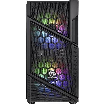 Ein Computergehäuse mit sichtbaren Lüftern, die in verschiedenen Farben leuchten. Die Front hat ein Wabengitter-Design.