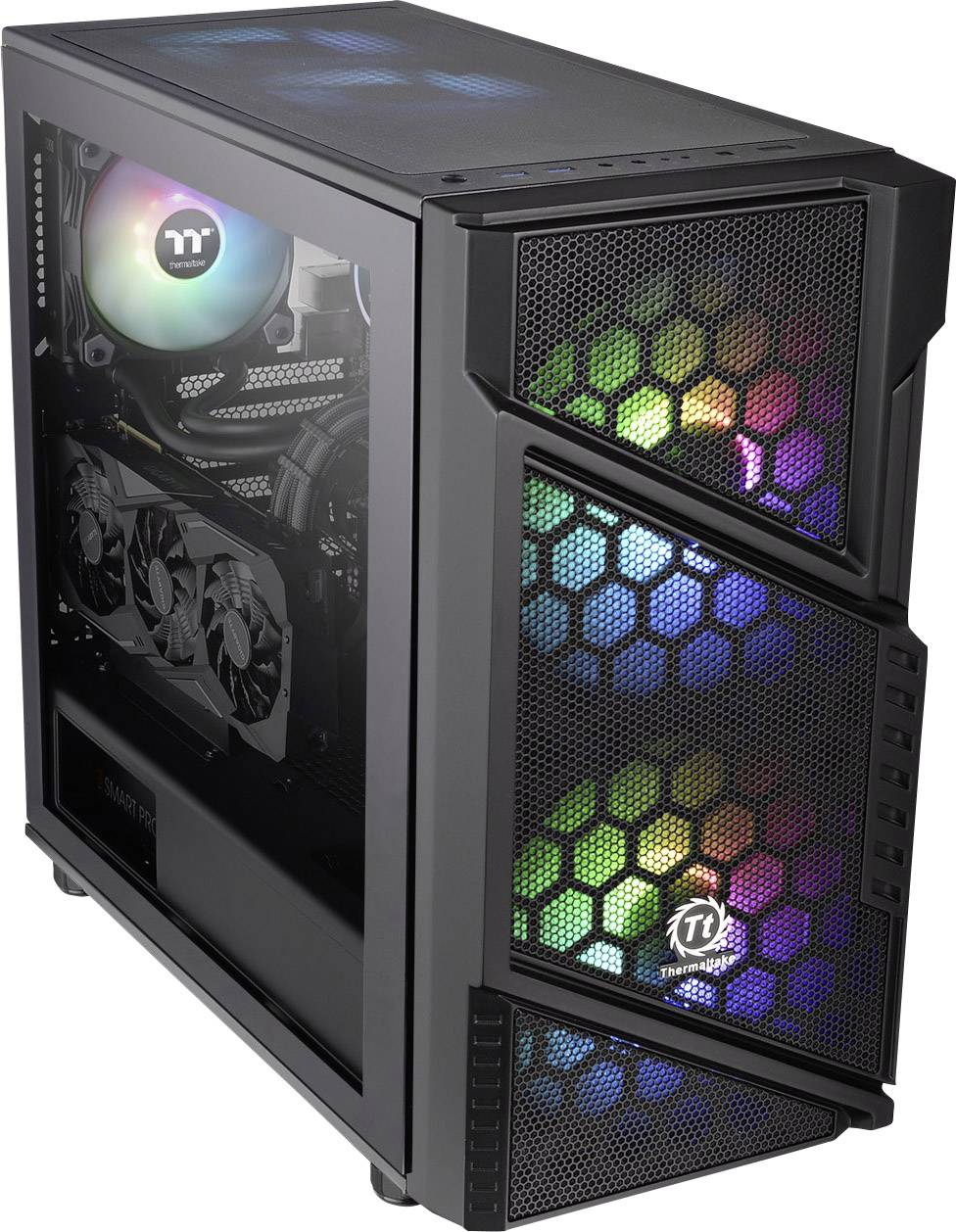 Ein Gaming-PC-Gehäuse mit farbiger RGB-Beleuchtung, Mesh-Front und einem durchsichtigen Seitenteil.