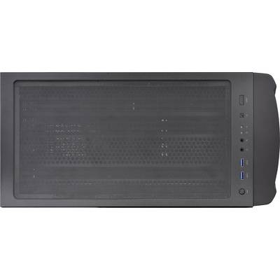 Ein schwarzes Computergehäuse von oben, mit perforiertem Mesh-Panel in der Mitte und Anschlüssen an der rechten Seite.