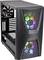 Schwarzes PC-Gehäuse mit transparentem Seitenteil, beleuchtet durch bunte LED-Lüfter. Geeignet für Gaming-PCs oder High-Performance-Builds.