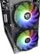 Ein offenes Computergehäuse mit zwei großen, leuchtenden RGB-Lüftern, die in Regenbogenfarben strahlen.