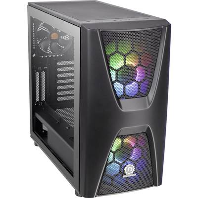 Schwarzes Computergehäuse mit Netzfront und bunten LED-Lüftern, geeignet für Gaming- oder Hochleistungsanwendungen.