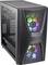 Schwarzes Computergehäuse mit Netzfront und bunten LED-Lüftern, geeignet für Gaming- oder Hochleistungsanwendungen.
