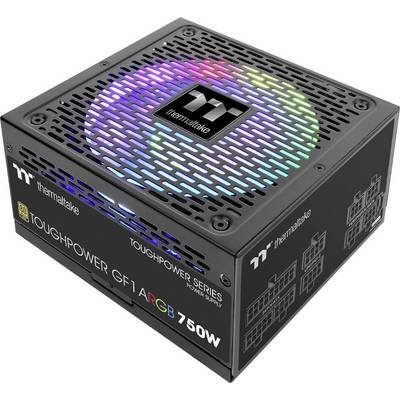 Schwarzes Netzteil 'Thermaltake Toughpower GF1 750W' mit RGB-beleuchtetem Lüfter, geeignet für leistungsstarke Computer.