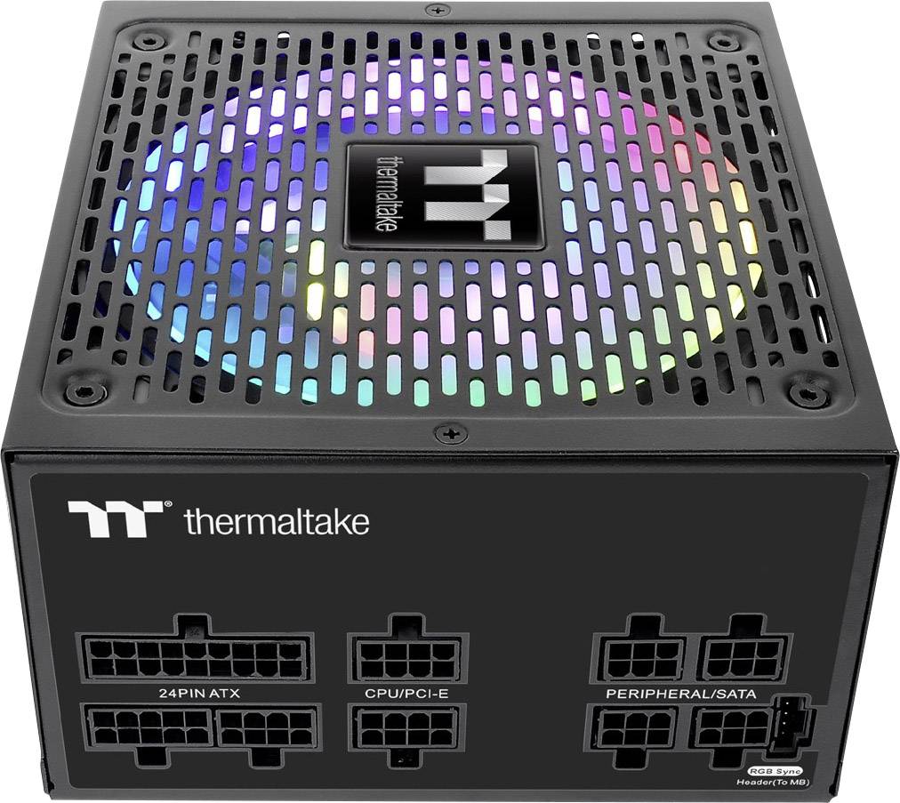 'Schwarzes Thermaltake-Netzteil mit leuchtendem RGB-Lüfter oben. Mehrere Anschlüsse sind vorne sichtbar.'