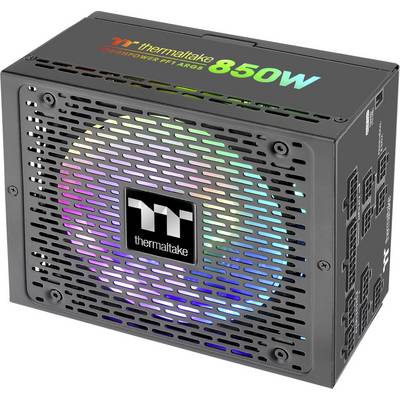Ein schwarzes Thermaltake 850W Netzteil mit RGB-beleuchtetem Lüftergitter. Modell: Toughpower PF1 ARGB.