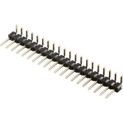Ein Reihenstiftverbinder mit schwarzen Kunststoffgehäusen und goldfarbenen Metallstiften, üblicherweise für elektronische Verbindungen verwendet.