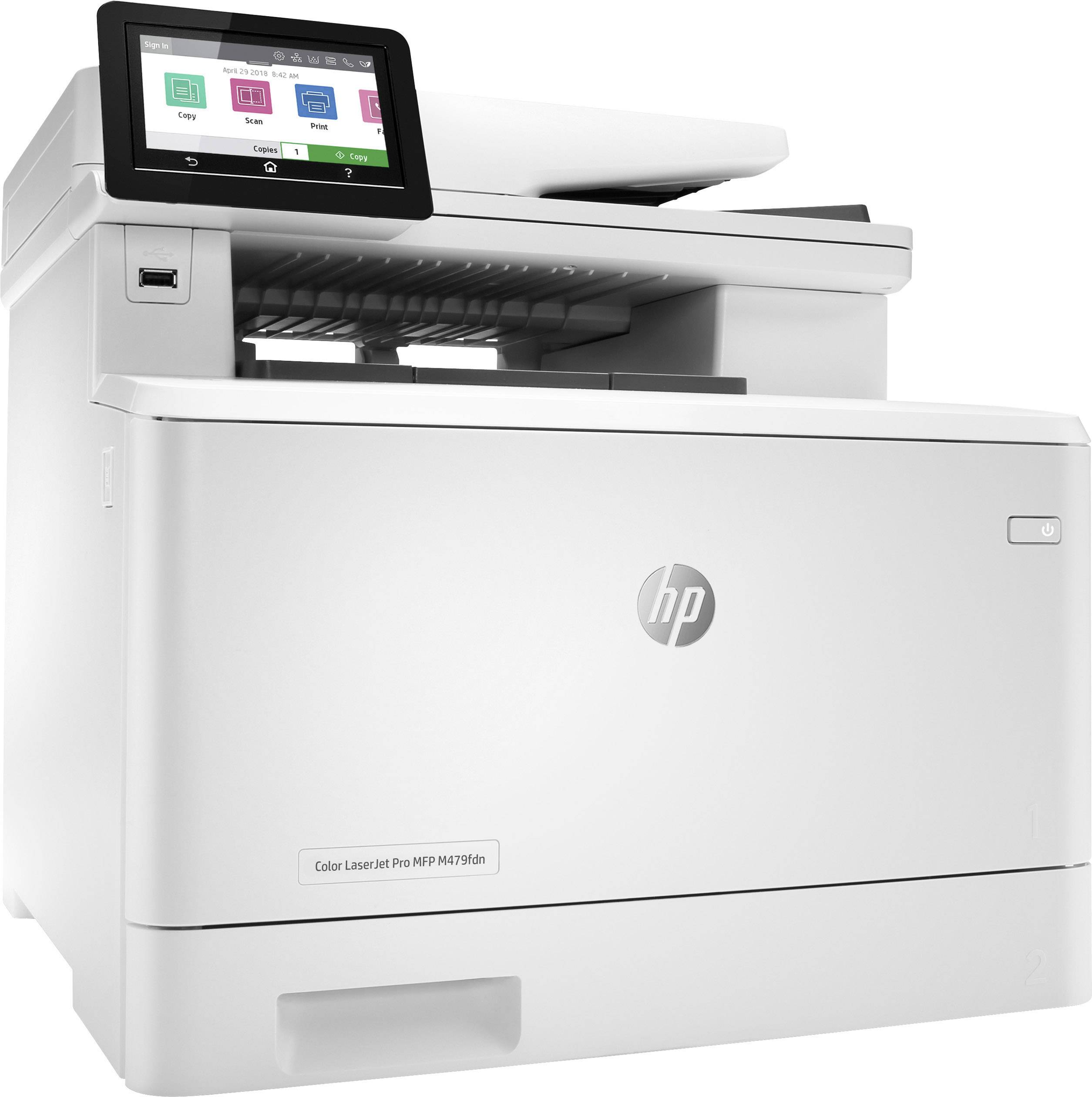 Drucker 'HP Color LaserJet Pro MFP M479fdw' in Weiß; Touchscreen-Display zeigt Symbole für Kopieren, Faxen, Scannen, Verbinden.