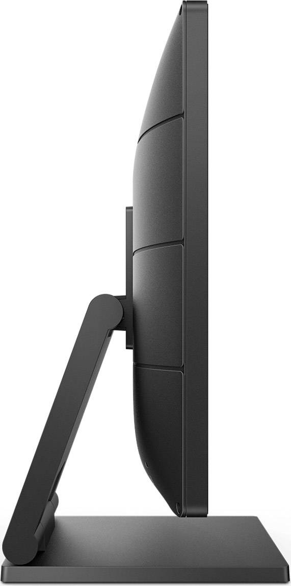 Seitenansicht eines schwarzen Computermonitors mit schmalem Rahmen und verstellbarem Standfuß.