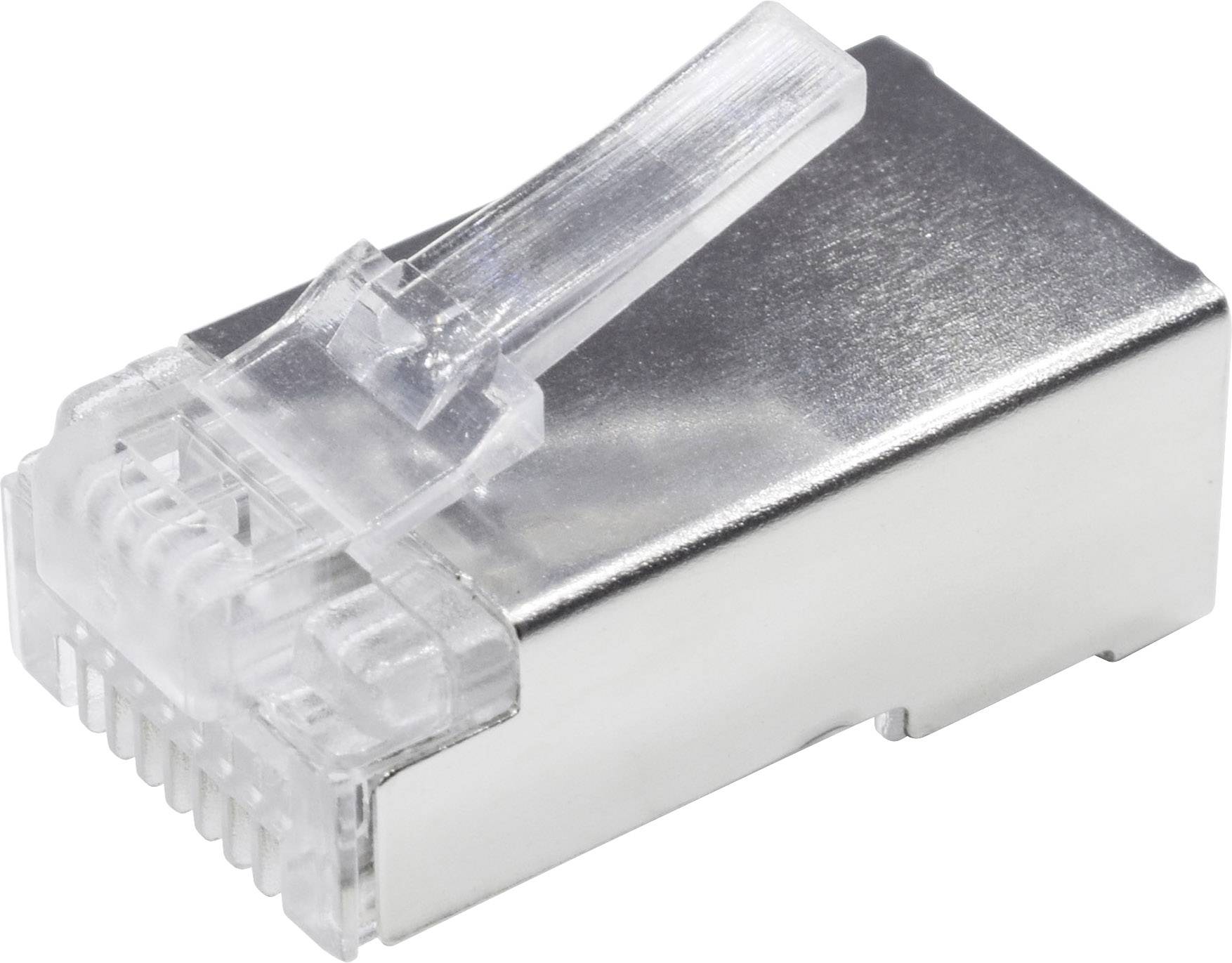 Metallischer RJ45-Stecker für Ethernet-Kabel, geeignet für geschirmte Netzwerkinstallationen, mit transparentem Kunststoffclip.