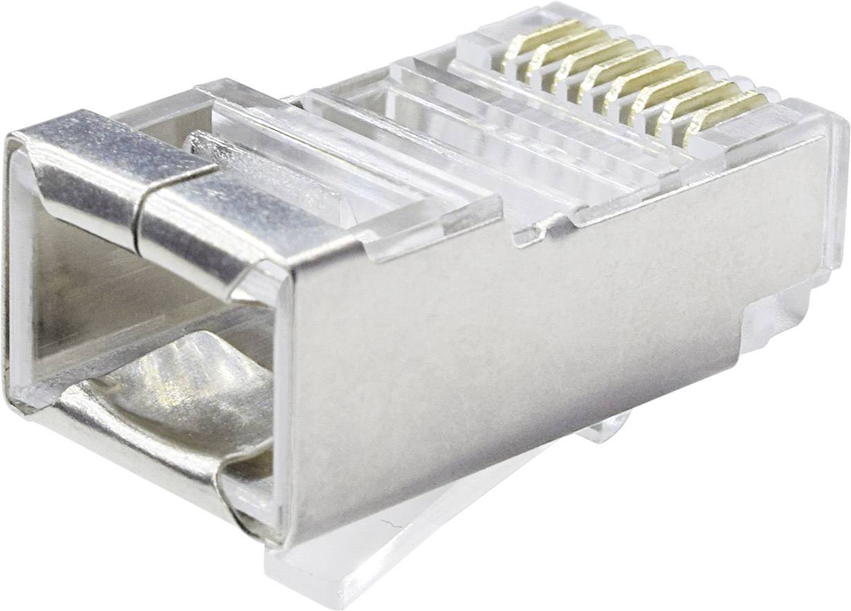Netzwerkstecker RJ45 in Nahaufnahme. Transparente Kunststoffhülle mit goldfarbenen Kontakten, verwendet für Ethernet-Verbindungen.