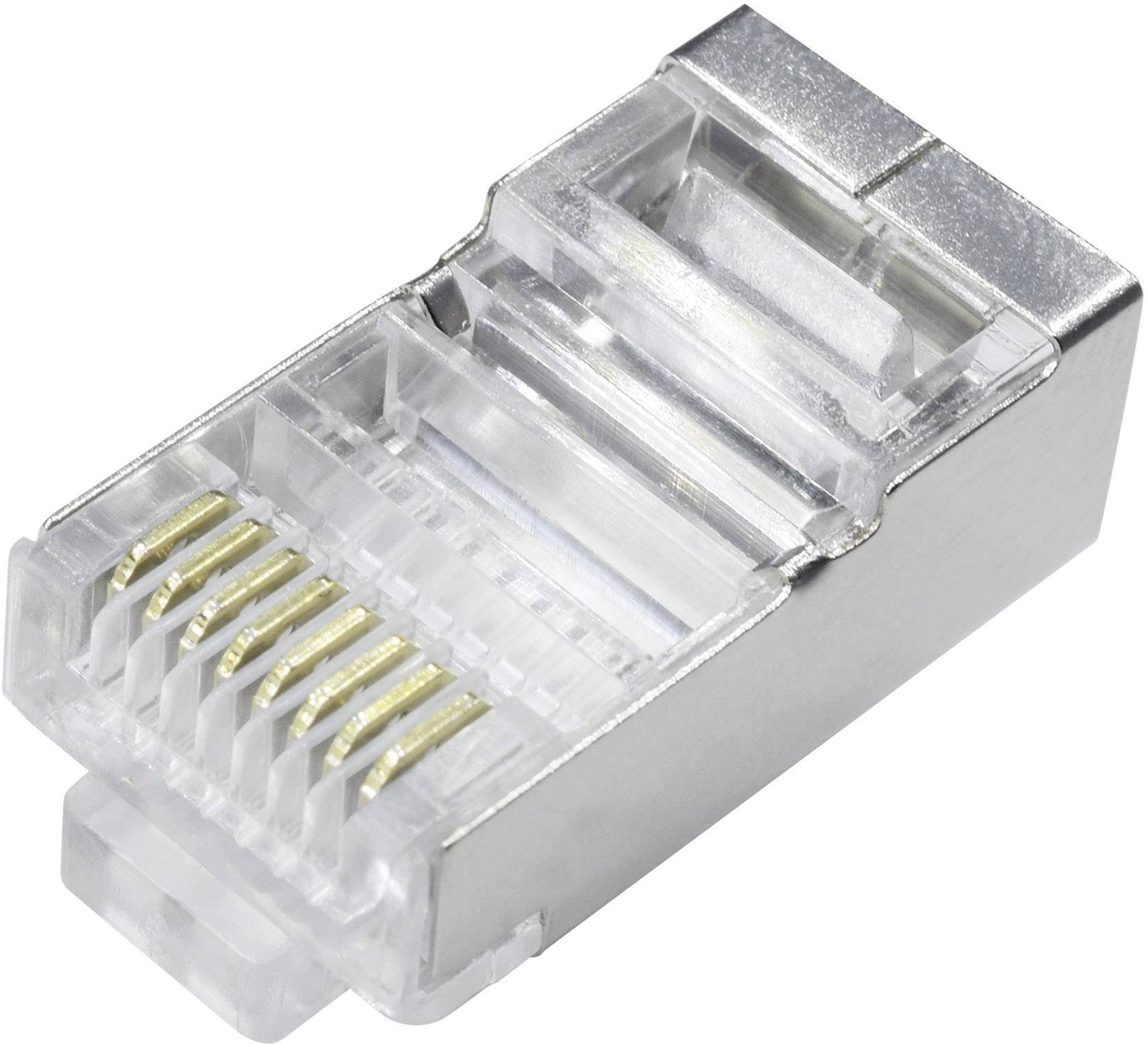 RJ45-Stecker: Ein silberner Ethernet-Stecker mit acht Goldpins, verwendet für Netzwerkverbindungen.
