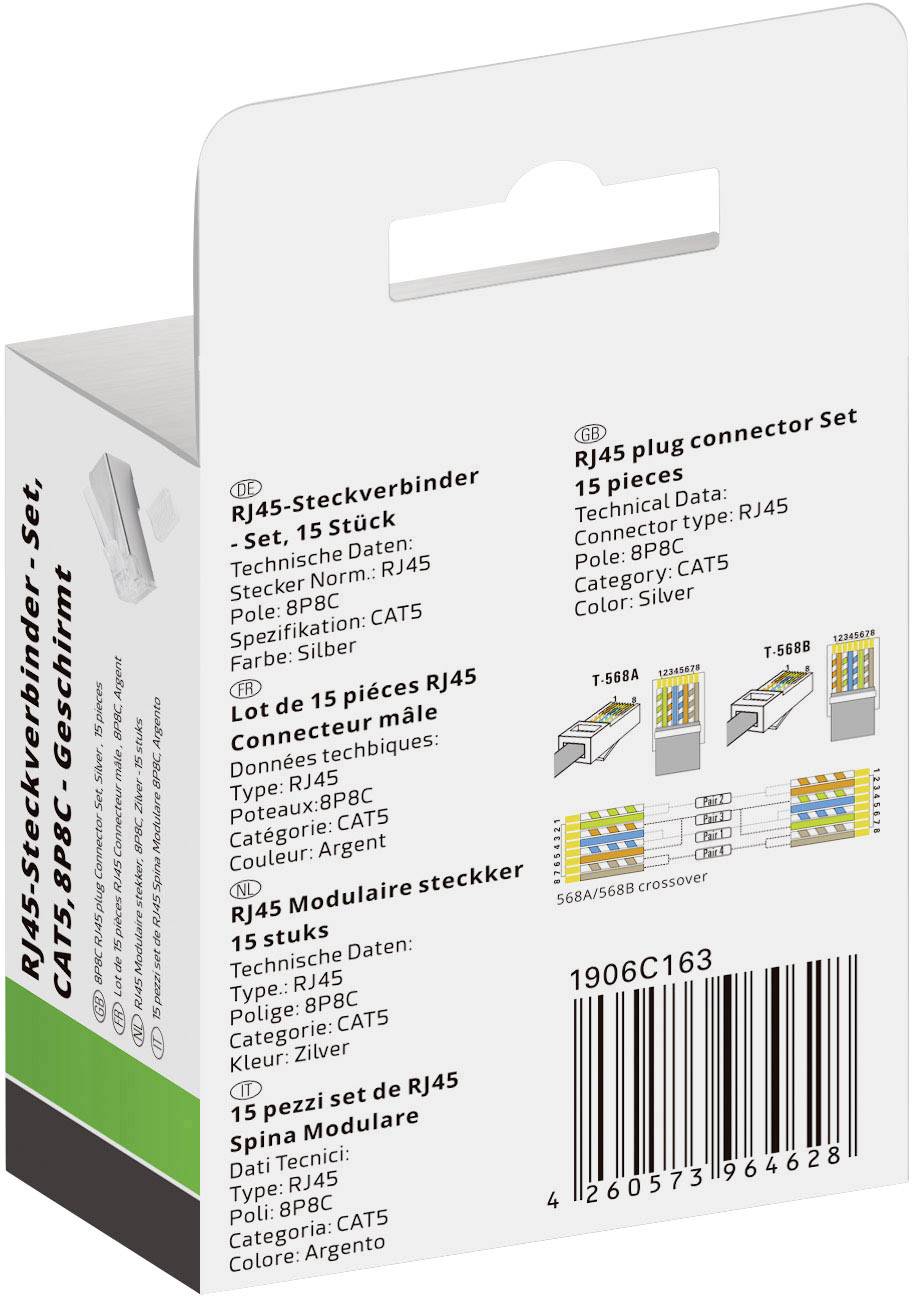 RJ45-Steckverbinder-Set-Verpackung mit 15 Stück. Zeigt technische Details und Anwendungsbeispiele für verschiedene Kabeltypen.