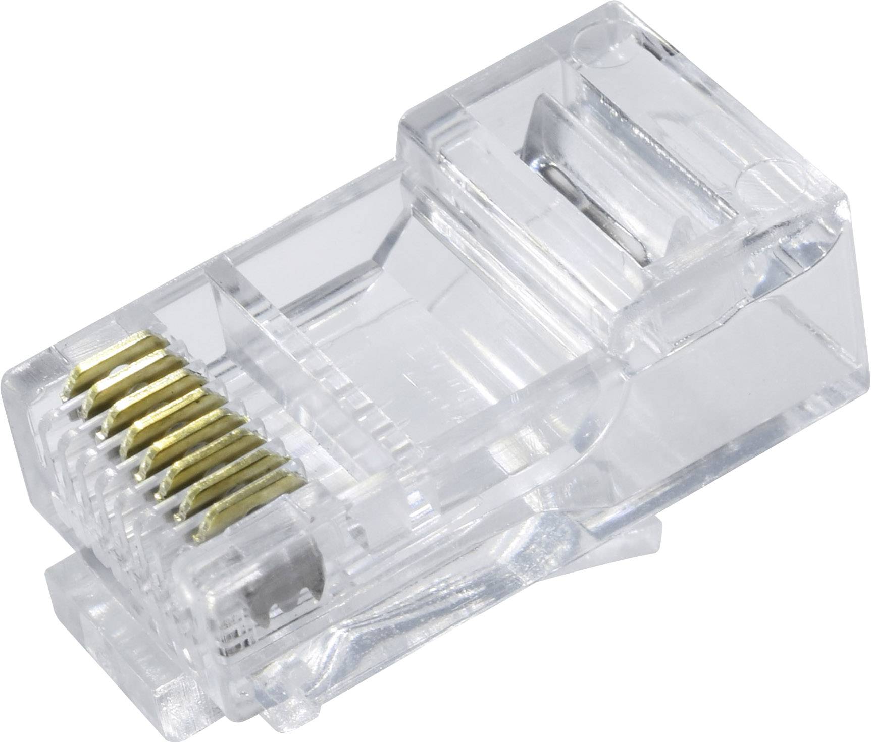 Ein transparenter RJ45-Stecker aus Plastik mit goldfarbenen Kontakten, verwendet für Netzwerkverbindungen.