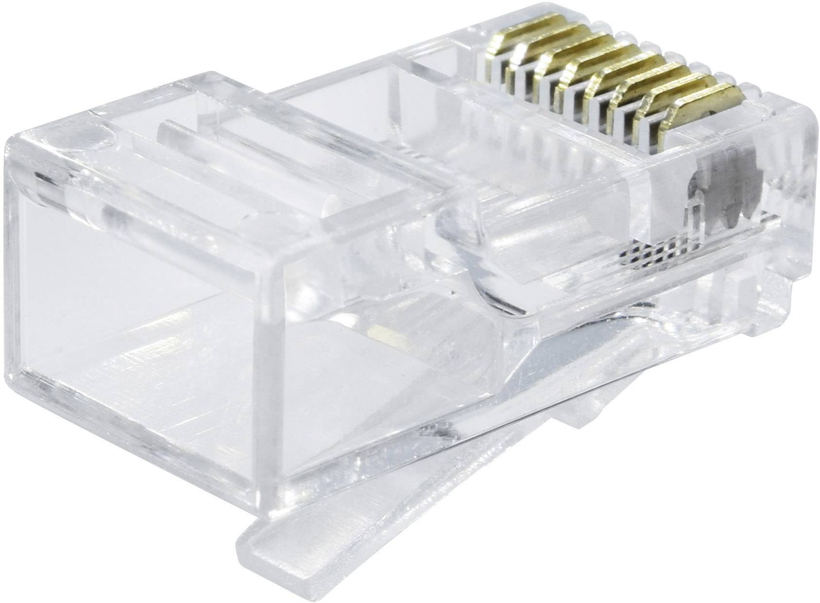 Ein transparenter RJ45-Netzwerkstecker mit goldenen Kontakten zur Datenübertragung in Netzwerkkabeln.
