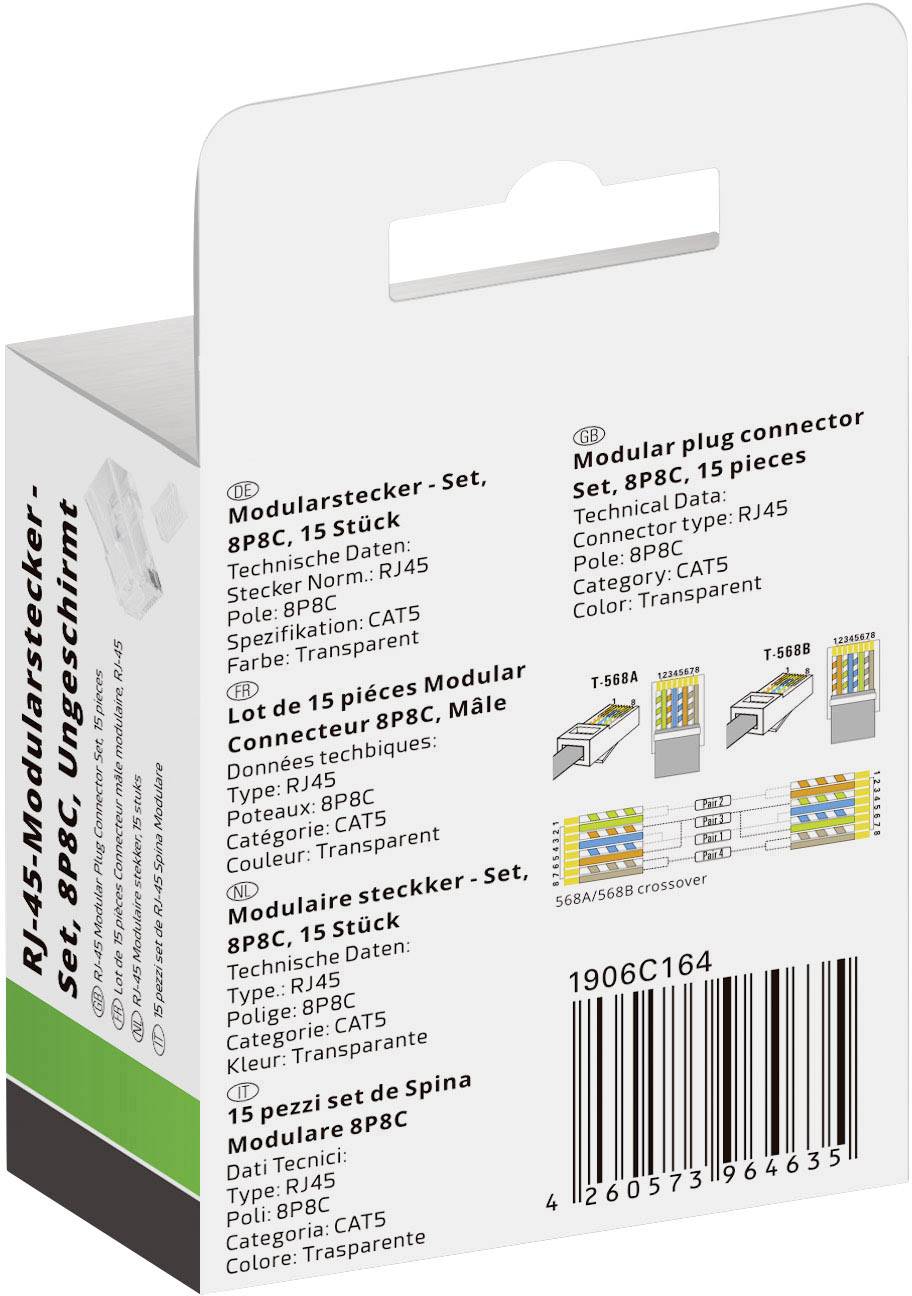 Verpackung eines RJ-45 Modularstecker-Sets, 8P8C, ungeschirmt, 15 Stück, mit technischen Daten: Typ CAT5, RJ45, transparente Farbe.