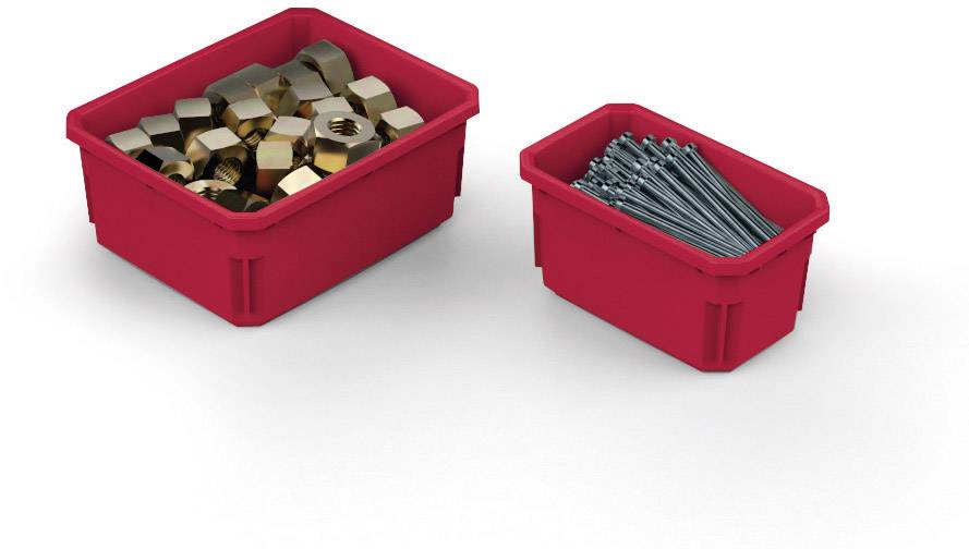 Rote Kunststoffbehälter. Linker Behälter: Metallschraubenmuttern. Rechter Behälter: lange, dünne Metallstifte. Beide auf weißem Hintergrund.