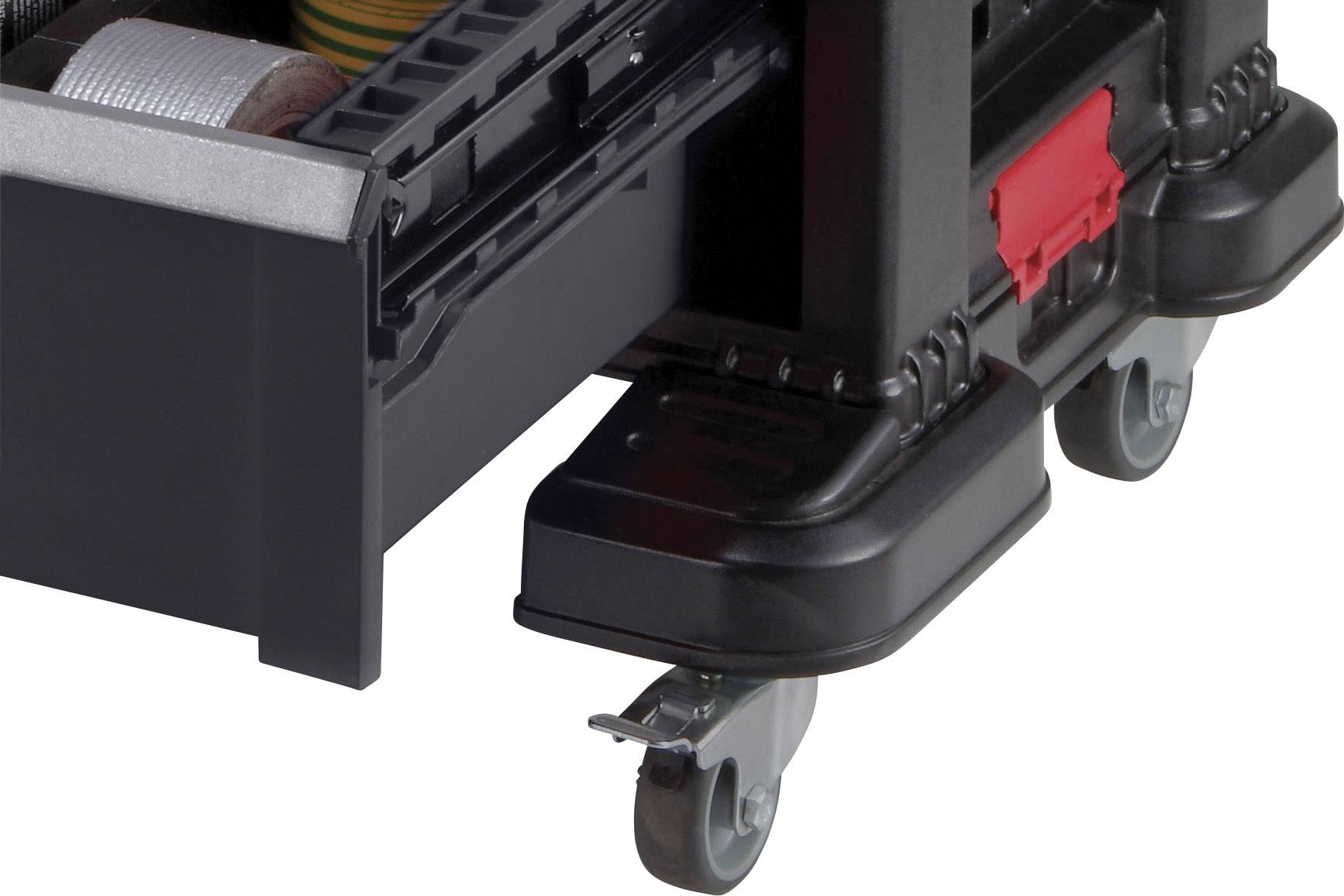 Rollwagen mit offenem Schubfach und Utensilien. Vier robuste Rollen, rote Verriegelung, transportiert Werkzeuge oder Materialien.