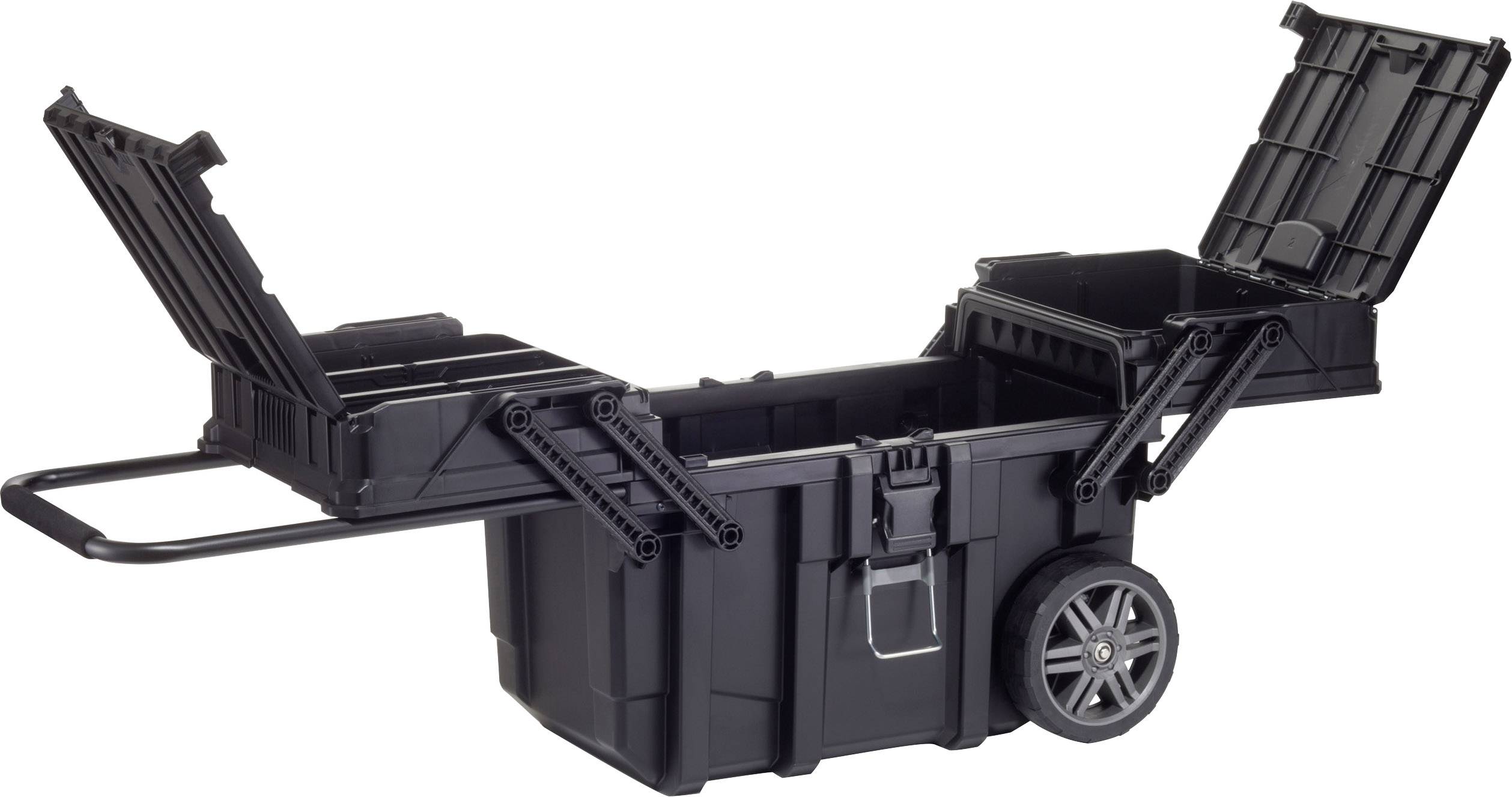 Schwarzer Werkzeugkoffer auf Rädern mit ausziehbaren Fächern, ausgeklappt gezeigt. Ideal für transportierbare Werkzeugaufbewahrung.