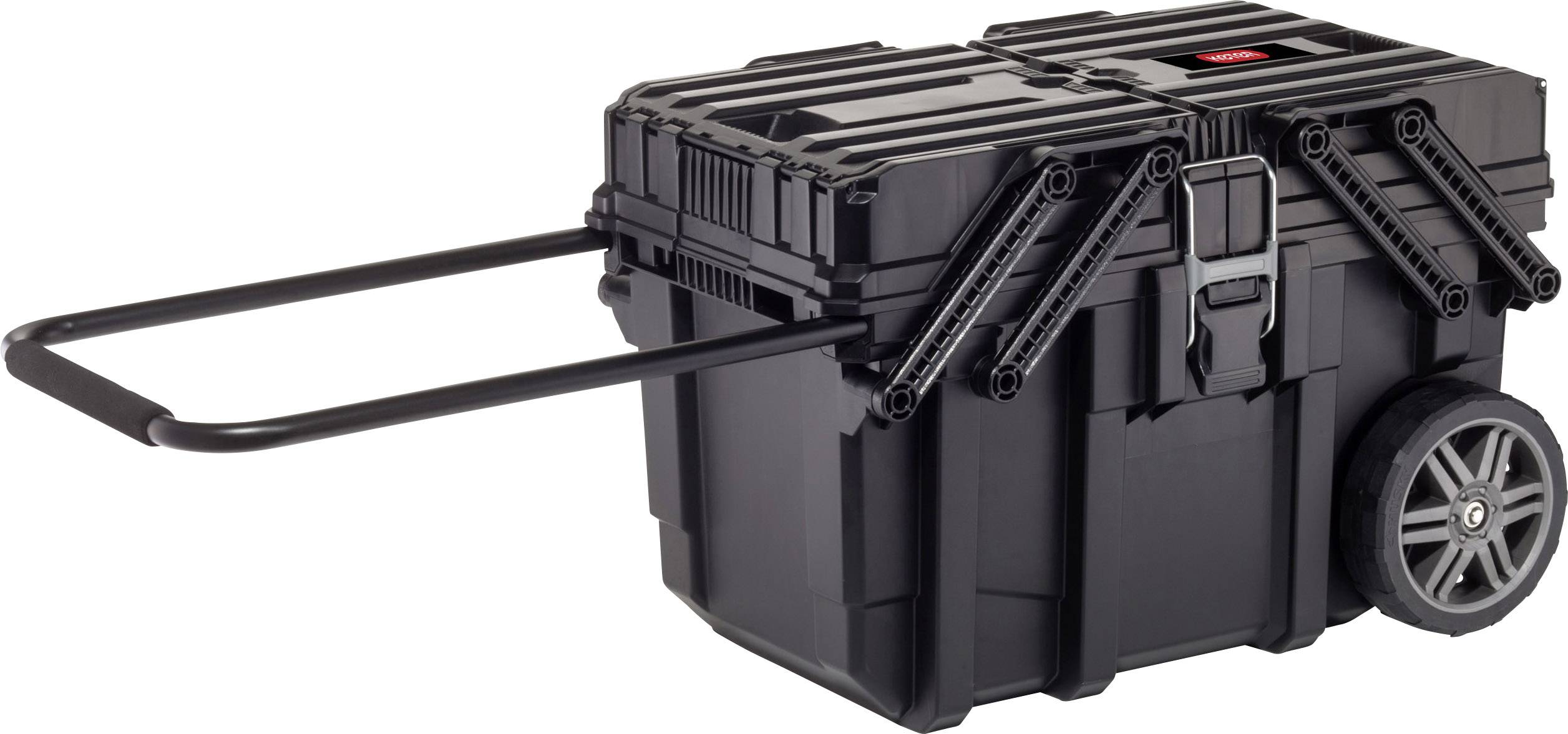 Ein schwarzer, rollbarer Werkzeugkasten mit rotem Logo und ausziehbarem Griff, ideal zur einfachen Lagerung und Transport von Werkzeugen.