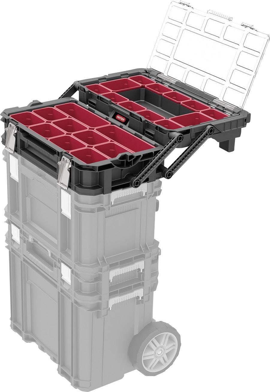 Aufbewahrungsbox auf Rädern mit offenem Deckel und herausnehmbaren roten Fächern für Werkzeuge oder Kleinteile.