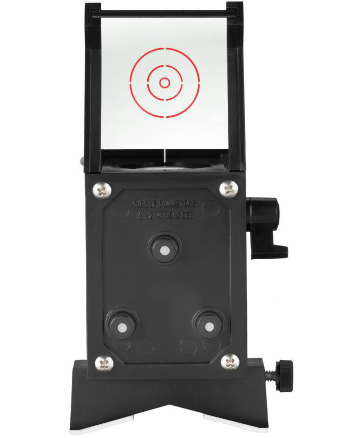 Hinteransicht eines schwarzen Kalibriergeräts mit einem Zielvisier oben. Das Visier zeigt konzentrische rote Kreise.