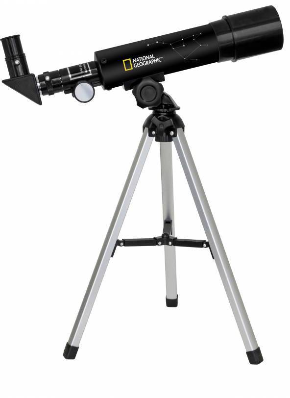 Schwarzes Teleskop mit Stativ. Ideal zur Himmelsbeobachtung. Silberne Beine bieten Stabilität. Ein Okular zur Vergrößerung ist enthalten.