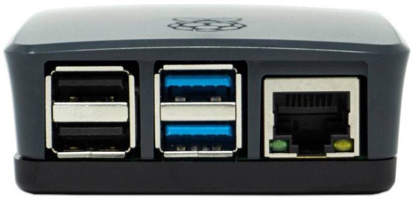 Ein kleiner, schwarzer Computer mit drei USB-Anschlüssen und einem Ethernet-Anschluss an der Vorderseite.