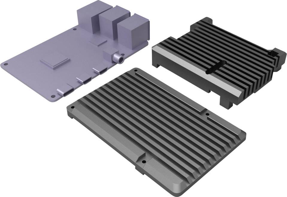 Drei Metallgehäuse mit unterschiedlich geformten Rippen und Strukturen, vermutlich Kühlkörper für elektronische Bauteile.