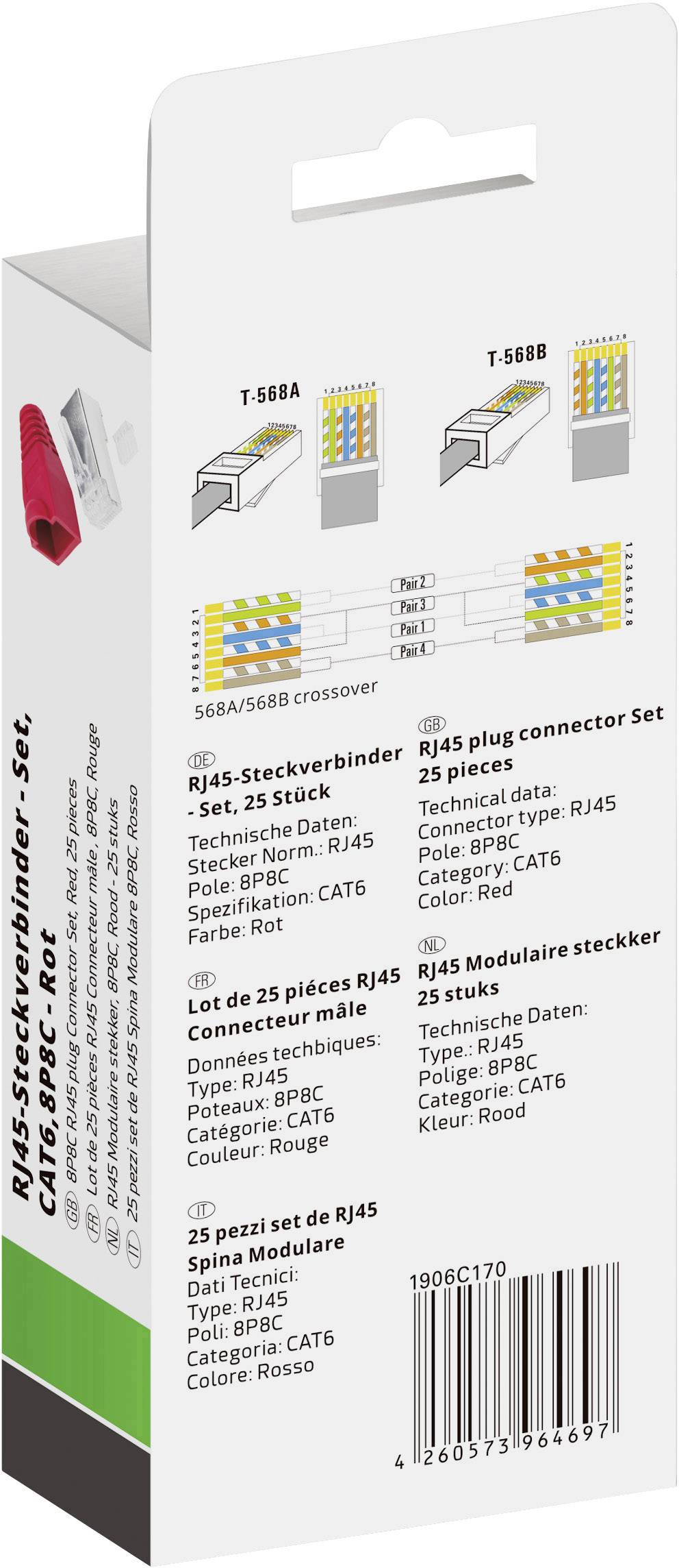 'RJ45-Steckverbinder-Set, CAT6, 25 Stück, Rot' Verpackung. Enthält technische Details wie Kabeltyp, Kategorie CAT6, Farbe: Rot.