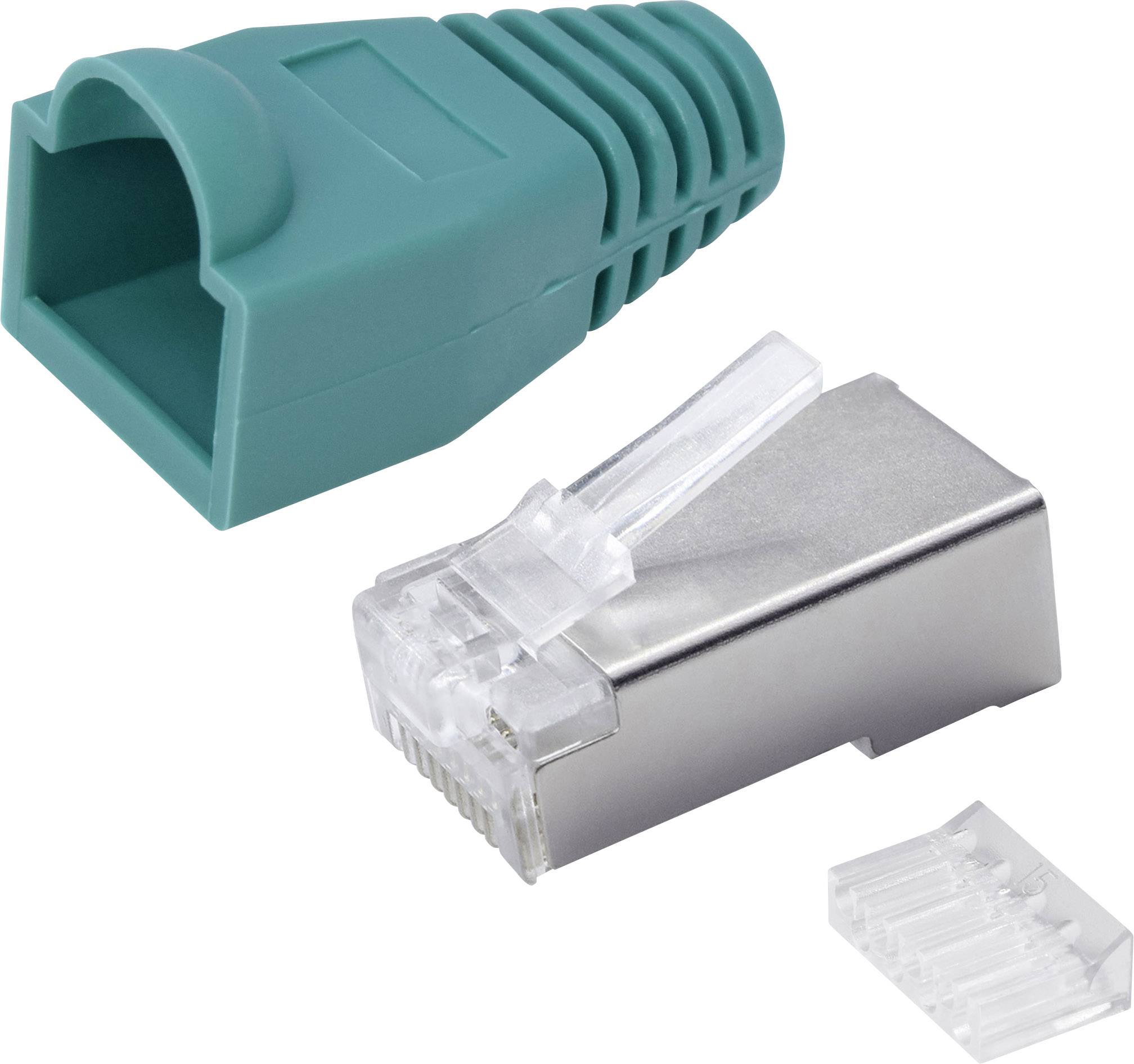 Ein zerlegter RJ45-Stecker mit Metallgehäuse, Kunststoffschutzkappe in Türkis und einer Kunststoffklammer. Gezeigt für Netzwerkverkabelung.