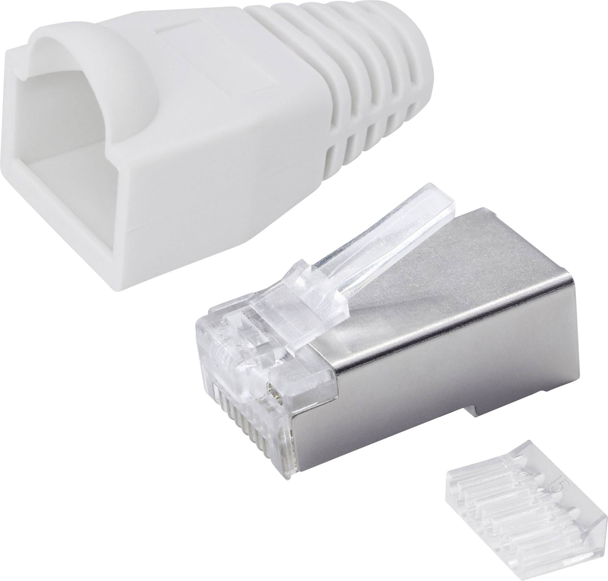 Zwei Netzwerkkabelstecker und eine Schutzabdeckung: ein ungeschirmter RJ45-Stecker, ein Metallstecker und eine transparente Abdeckung.