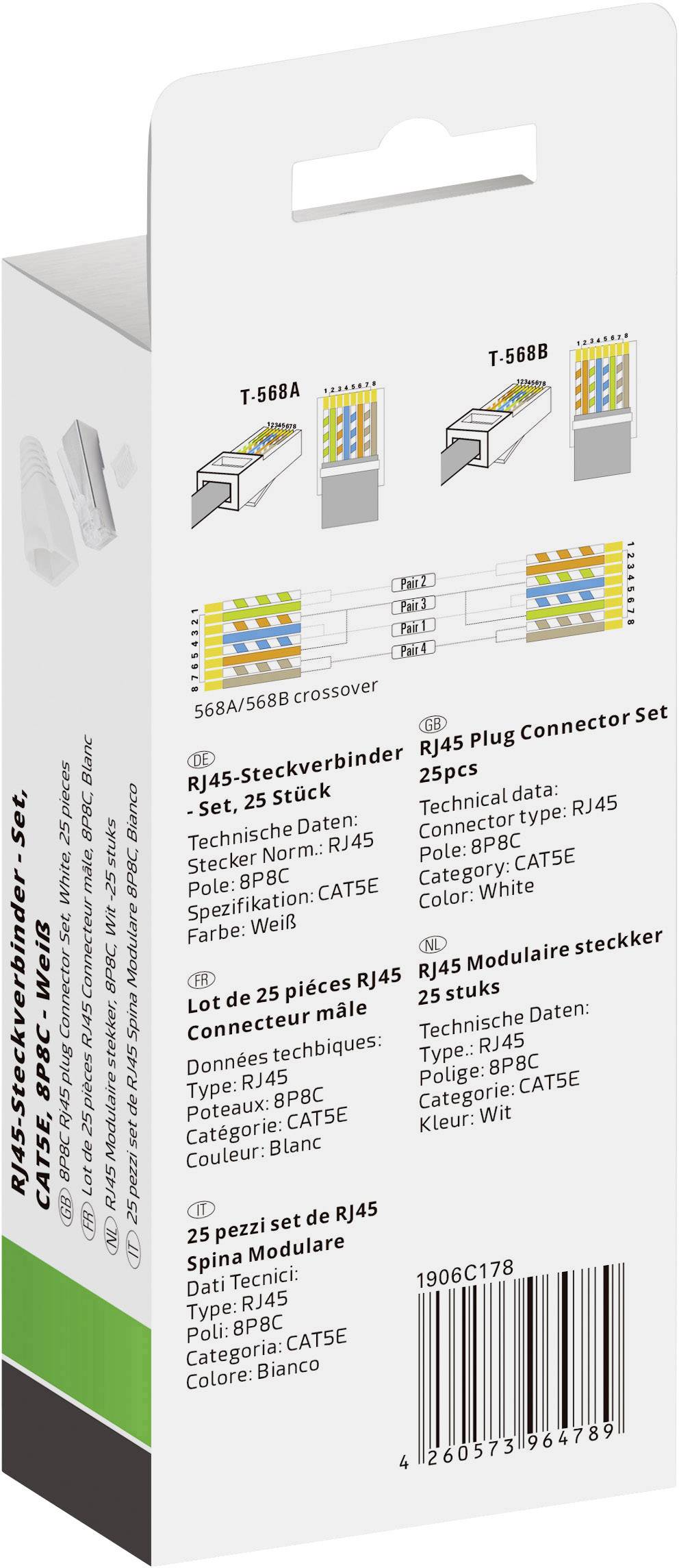 Rückseite einer Verpackung für ein RJ45-Steckverbinder-Set. Zeigt technische Daten, Belegung nach T-568A/B und den Inhalt: 25 Stück.