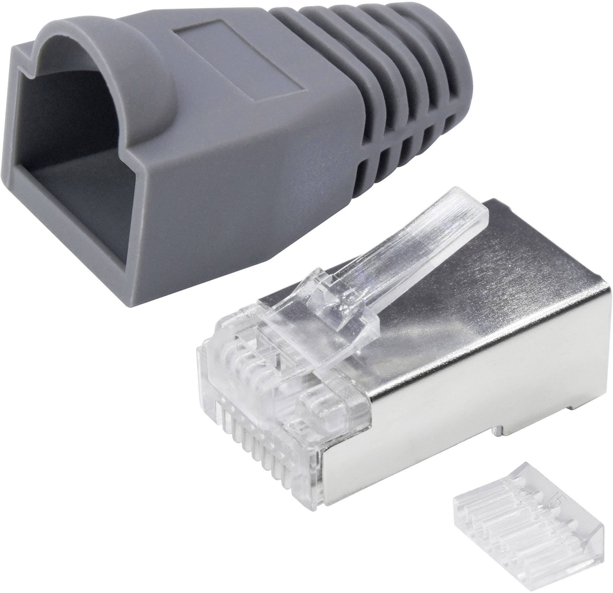 Ein grauer Kabelstecker mit Gummi-Abdeckung und ein Metall-RJ45-Anschluss, dargestellt in Einzelteilen auf weißem Hintergrund.